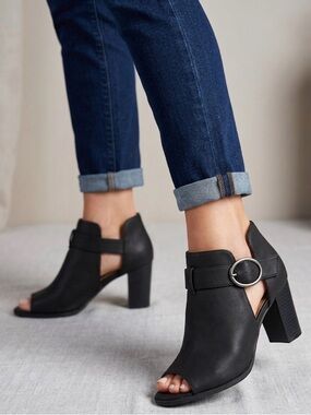 Naturalizer Black Peep-Toe Cutout Block Heel Booties with Buckle